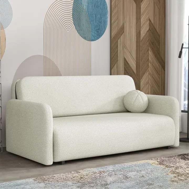 Divano letto 3 posti 170x103 cm con contenitore e cuscino tessuto bouclé beige chiaro Reposa