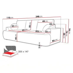 Divano letto 3 posti 248x110cm con contenitore bianco Novera