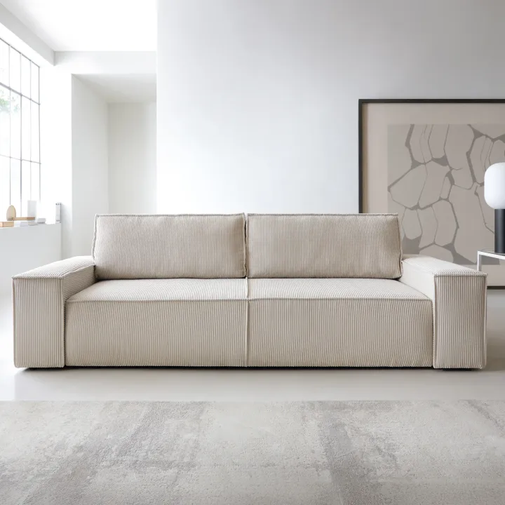 Divano letto 3 posti 257x106cm velluto a coste beige Snuggle