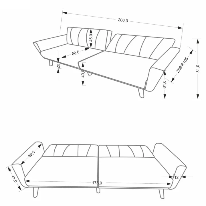 Divano letto reclinabile 3 posti 200x55cm grigio nero Aron