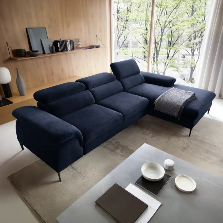 Divano letto regolabile angolare destra 4 posti 288x182cm tessuto blu Loungey