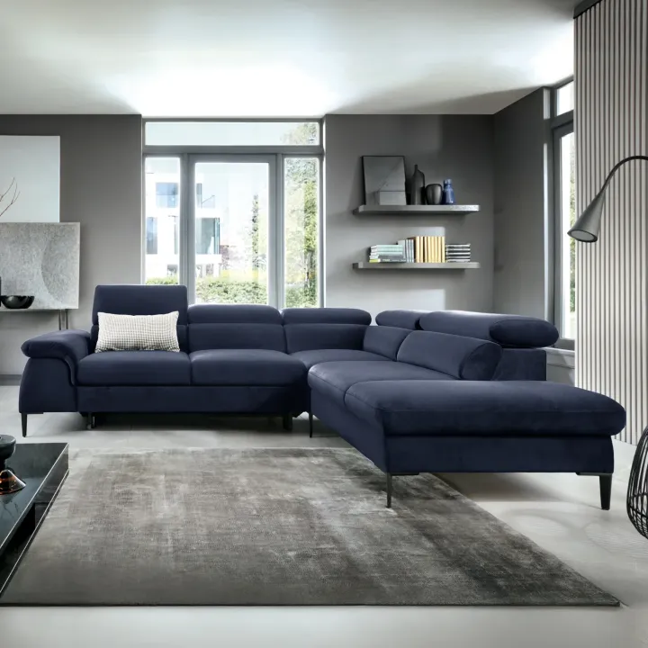 Divano letto regolabile angolare destra 5 posti 280x214cm tessuto blu Snuggity