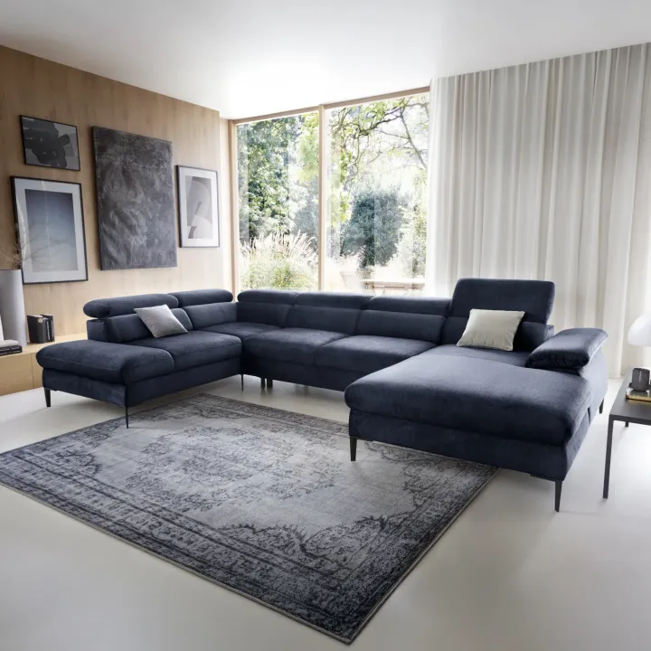 Divano letto regolabile angolare sinistro 5 posti 353x214cm tessuto blu Calmora