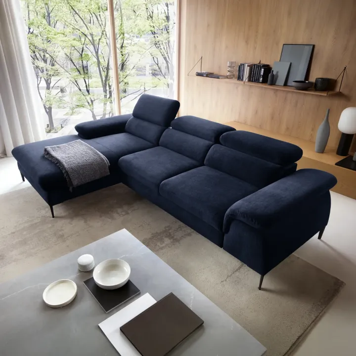 Divano letto regolabile angolare sinistra 4 posti 288x182cm tessuto blu Loungey