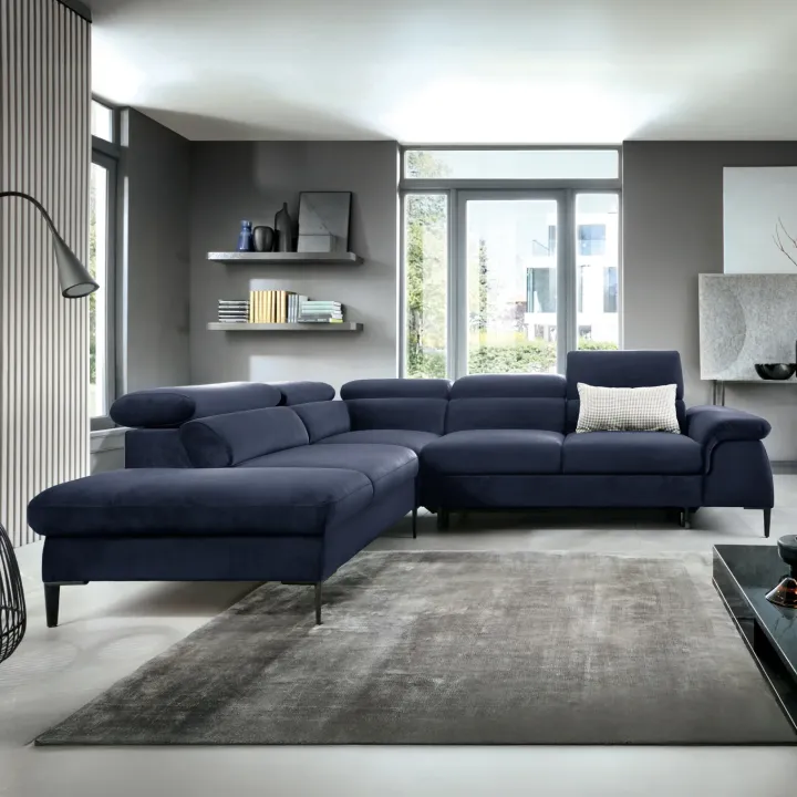 Divano letto regolabile angolare sinistra 5 posti 280x214cm tessuto blu Snuggity