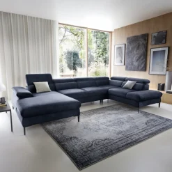 Divano letto regolabile angolare destro 5 posti 353x214cm tessuto blu Calmora