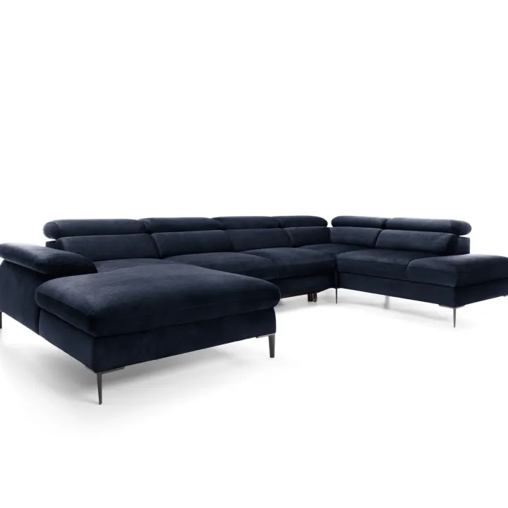 Divano letto regolabile angolare destro 5 posti 353x214cm tessuto blu Calmora