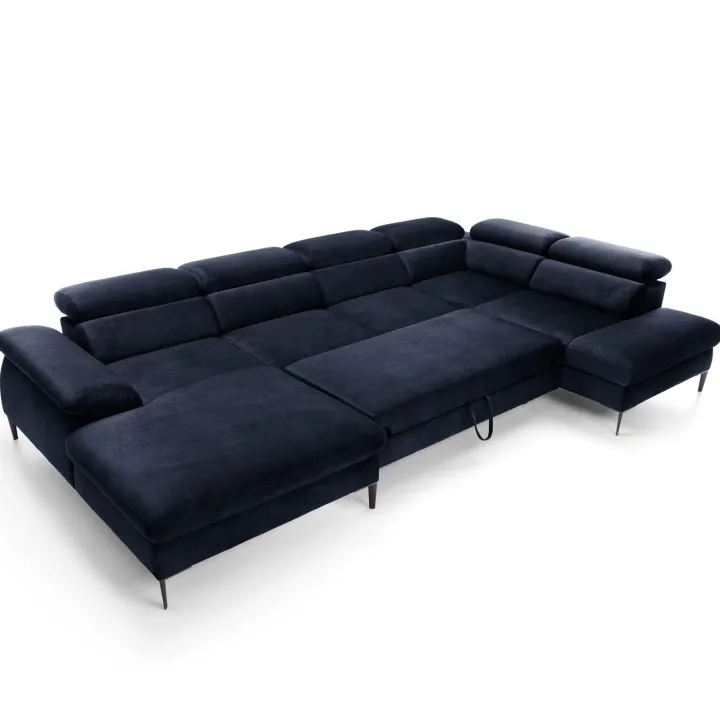 Divano letto regolabile angolare destro 5 posti 353x214cm tessuto blu Calmora