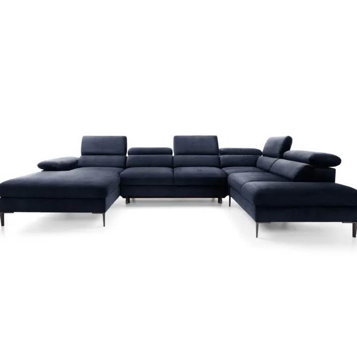Divano letto regolabile angolare destro 5 posti 353x214cm tessuto blu Calmora