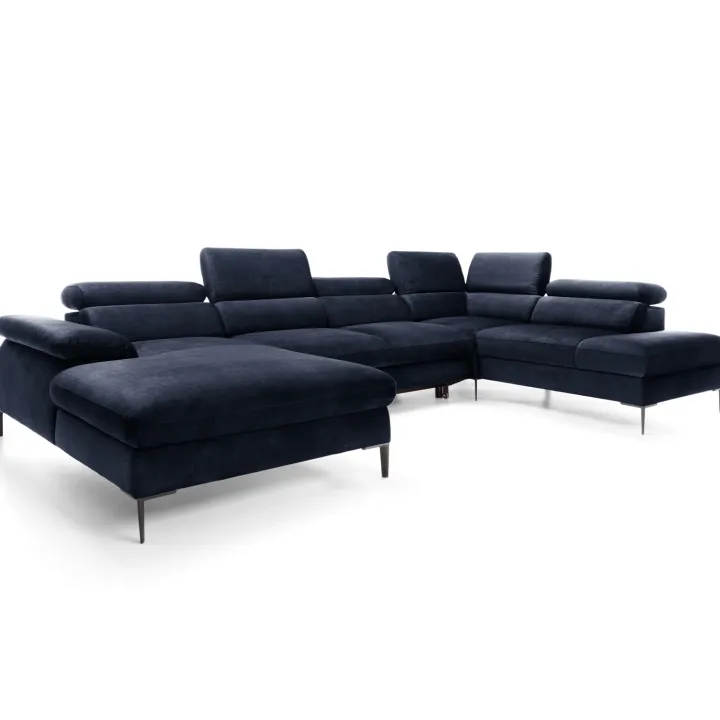Divano letto regolabile angolare destro 5 posti 353x214cm tessuto blu Calmora