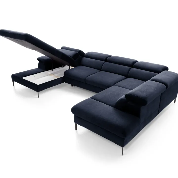 Divano letto regolabile angolare destro 5 posti 353x214cm tessuto blu Calmora