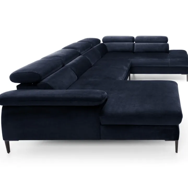 Divano letto regolabile angolare destro 5 posti 353x214cm tessuto blu Calmora
