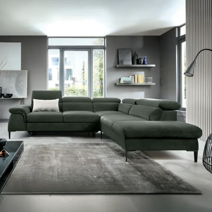 Divano letto regolabile angolare destra 5 posti 280x214cm tessuto verde Snuggity