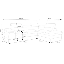 Divano letto regolabile angolare destra 5 posti 280x214cm tessuto grigio Snuggity