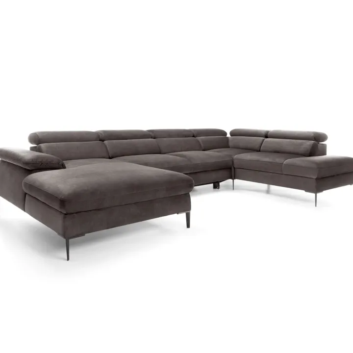 Divano letto regolabile angolare destro 5 posti 353x214cm tessuto tortora scuro Calmora