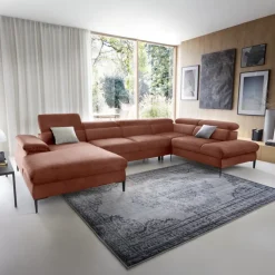 Divano letto regolabile angolare destro 5 posti 353x214cm tessuto arancio corallo Calmora