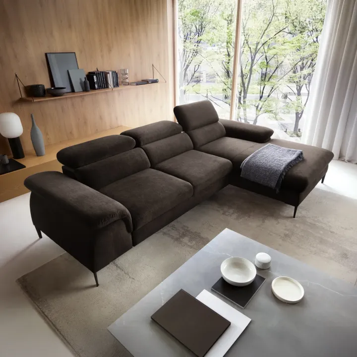 Divano letto regolabile angolare destra 4 posti 288x182cm tessuto marrone Loungey