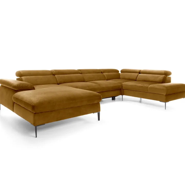 Divano letto regolabile angolare destro 5 posti 353x214cm tessuto giallo senape Calmora