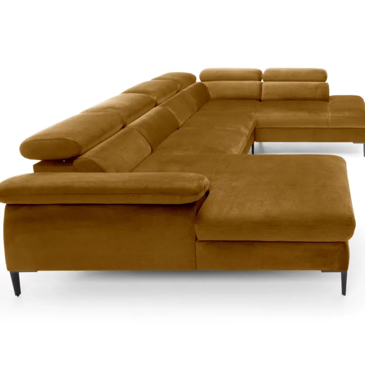 Divano letto regolabile angolare destro 5 posti 353x214cm tessuto giallo senape Calmora