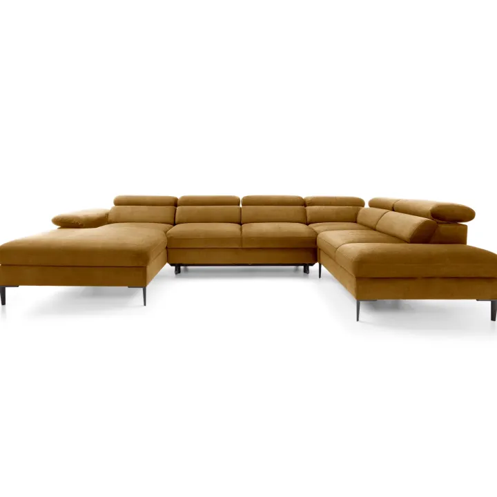Divano letto regolabile angolare destro 5 posti 353x214cm tessuto giallo senape Calmora
