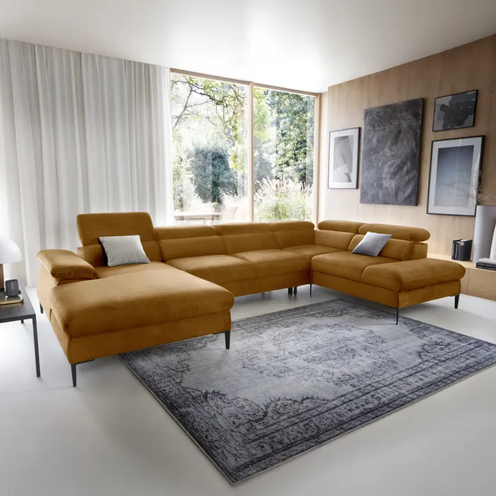 Divano letto regolabile angolare destro 5 posti 353x214cm tessuto giallo senape Calmora