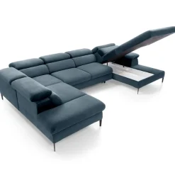 Divano letto regolabile angolare sinistro 5 posti 353x214cm tessuto azzurro Calmora