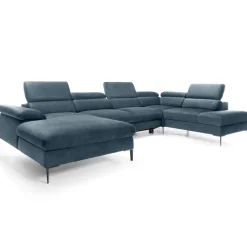 Divano letto regolabile angolare destro 5 posti 353x214cm tessuto azzurro Calmora