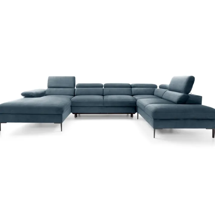 Divano letto regolabile angolare destro 5 posti 353x214cm tessuto azzurro Calmora