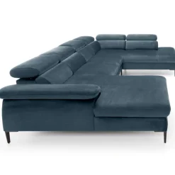 Divano letto regolabile angolare destro 5 posti 353x214cm tessuto azzurro Calmora