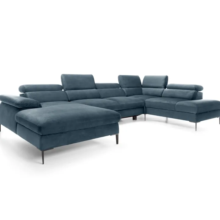 Divano letto regolabile angolare destro 5 posti 353x214cm tessuto azzurro Calmora
