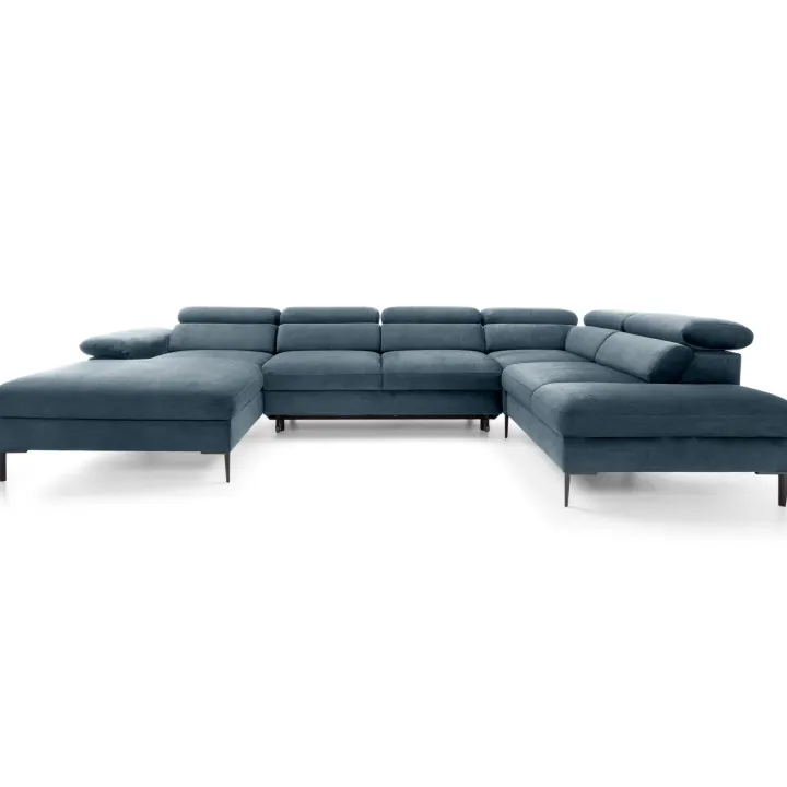 Divano letto regolabile angolare destro 5 posti 353x214cm tessuto azzurro Calmora