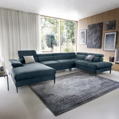 Divano letto regolabile angolare destro 5 posti 353x214cm tessuto azzurro Calmora