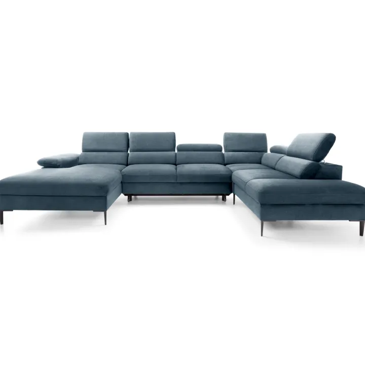 Divano letto regolabile angolare destro 5 posti 353x214cm tessuto azzurro Calmora