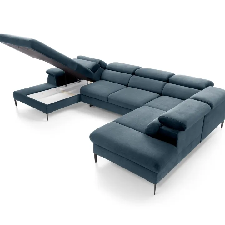 Divano letto regolabile angolare destro 5 posti 353x214cm tessuto azzurro Calmora