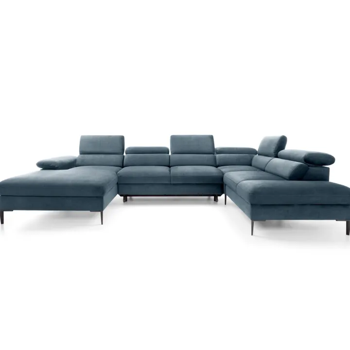 Divano letto regolabile angolare destro 5 posti 353x214cm tessuto azzurro Calmora