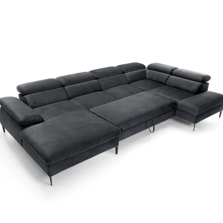 Divano letto regolabile angolare destro 5 posti 353x214cm tessuto grigio scuro Calmora