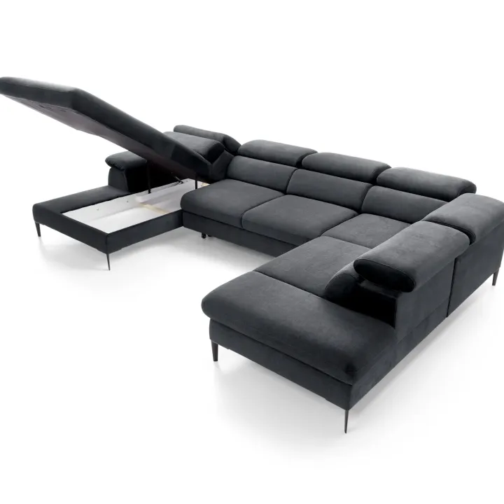 Divano letto regolabile angolare destro 5 posti 353x214cm tessuto grigio scuro Calmora