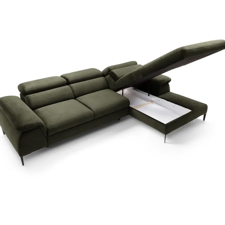 Divano letto regolabile angolare destra 4 posti 288x182cm tessuto verde oliva Loungey