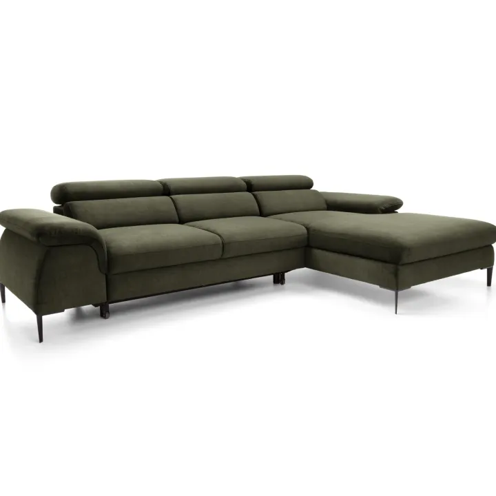 Divano letto regolabile angolare destra 4 posti 288x182cm tessuto verde oliva Loungey