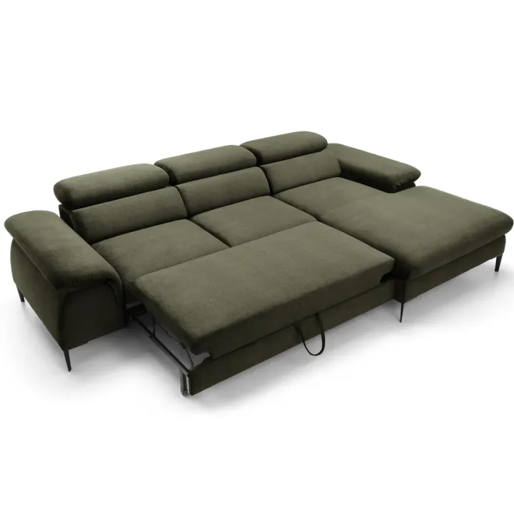Divano letto regolabile angolare destra 4 posti 288x182cm tessuto verde oliva Loungey
