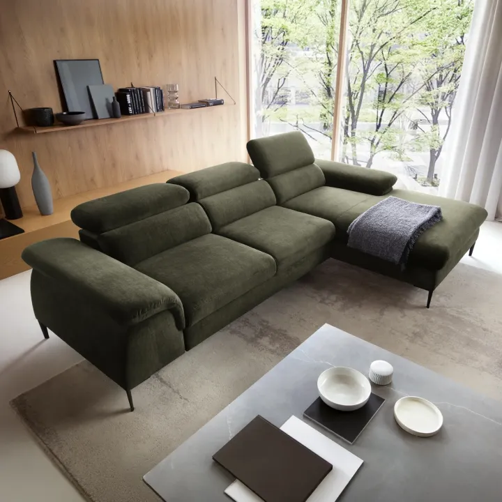 Divano letto regolabile angolare destra 4 posti 288x182cm tessuto verde oliva Loungey