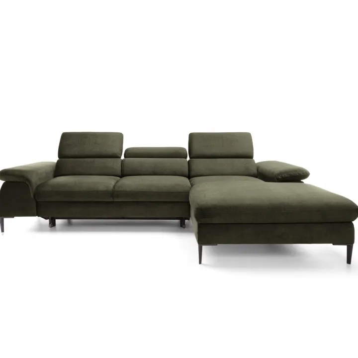 Divano letto regolabile angolare destra 4 posti 288x182cm tessuto verde oliva Loungey
