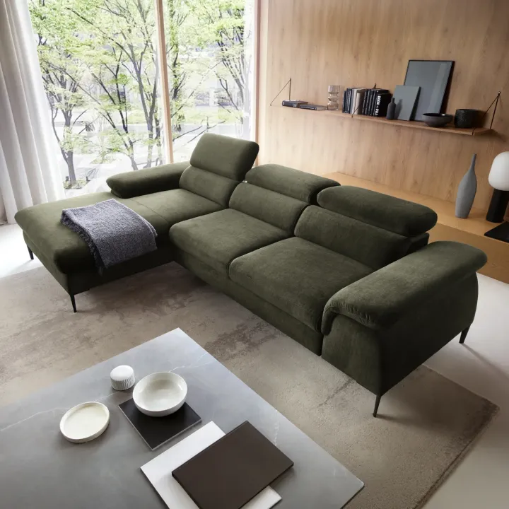 Divano letto regolabile angolare sinistra 4 posti 288x182cm tessuto verde oliva Loungey