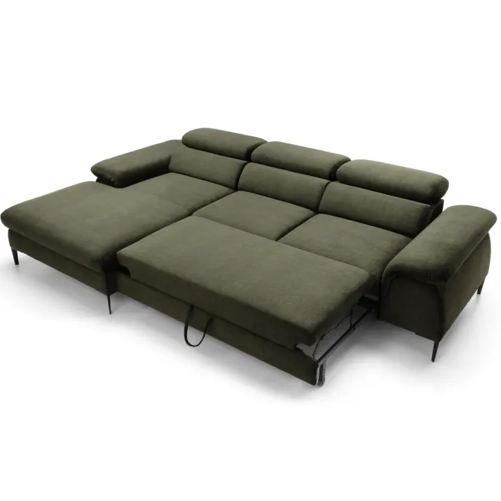 Divano letto regolabile angolare sinistra 4 posti 288x182cm tessuto verde oliva Loungey