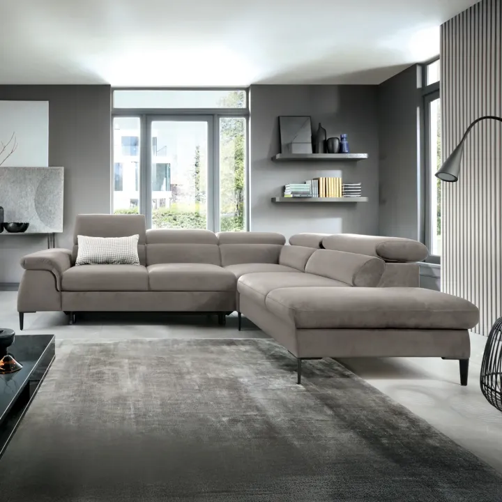 Divano letto regolabile angolare destra 5 posti 280x214cm tessuto tortora Snuggity