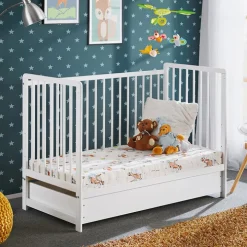Lettino bambini 65x124cm con materasso, sponde e cassetto bianco Destiny