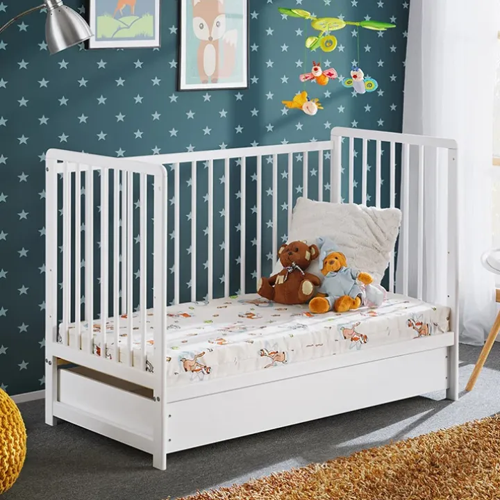 Lettino bambini 65x124cm con materasso, sponde e cassetto bianco Destiny