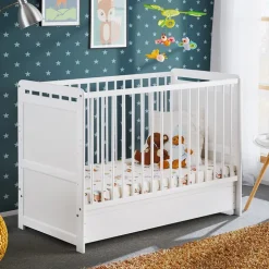 Lettino bambini 67x124cm con materasso, sponde e cassetto bianco Magic