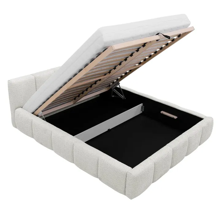 Letto alla francese 140x200cm con rete contenitore imbottito tessuto bouclé bianco Aluna