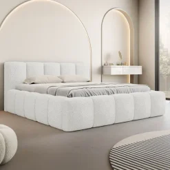 Letto alla francese 140x200cm con rete contenitore imbottito tessuto bouclé bianco Aluna